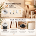 Wooden tripod floor lamp bulb compatibility and details infographic showing E26 socket, bulb types, tripod legs, foot switch, and beige shade close-ups by HavvakHome.