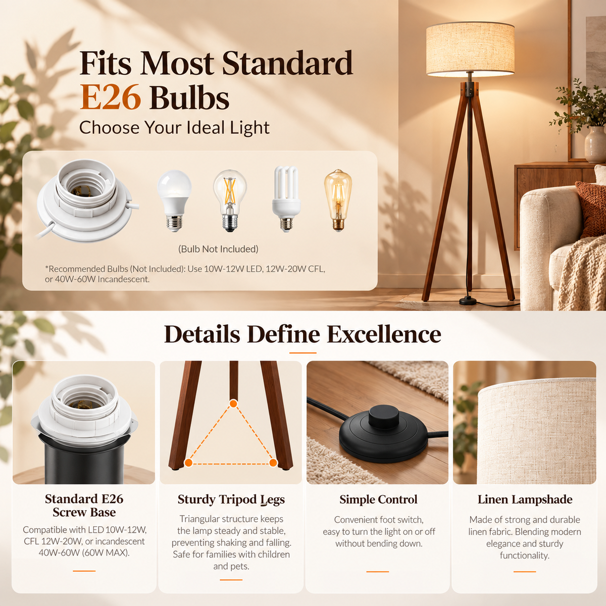 Wooden tripod floor lamp bulb compatibility and details infographic showing E26 socket, bulb types, tripod legs, foot switch, and beige shade close-ups by HavvakHome.