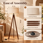 Wooden tripod lamp assembly infographic with dimensions and panels for shade, wooden leg sections, and foot switch with AC cord by HavvakHome.