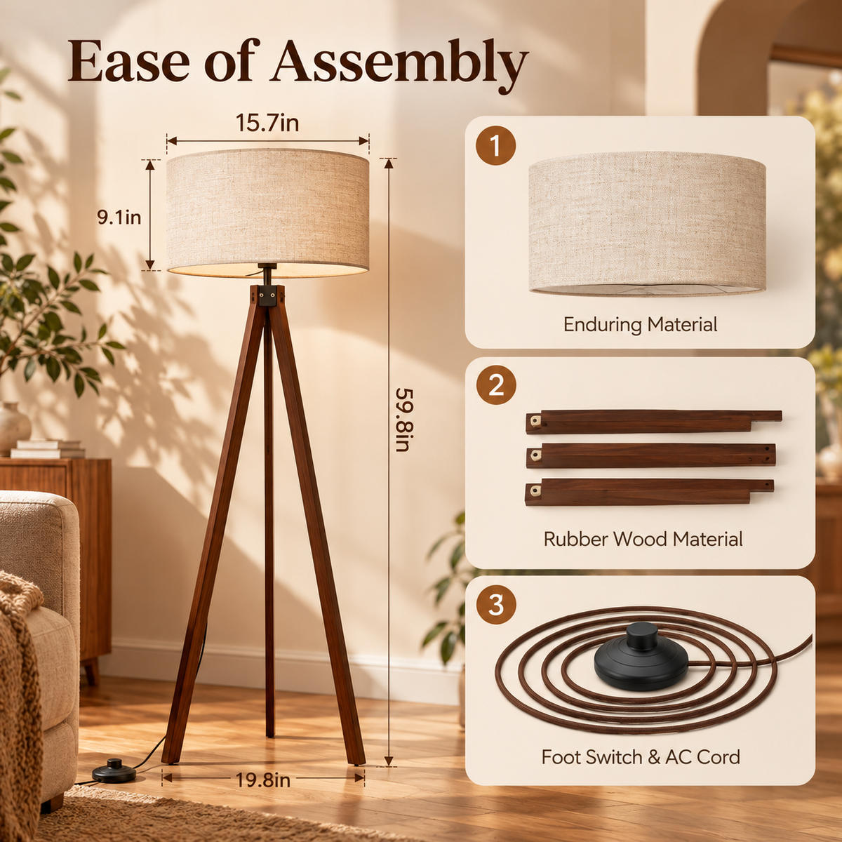Wooden tripod lamp assembly infographic with dimensions and panels for shade, wooden leg sections, and foot switch with AC cord by HavvakHome.