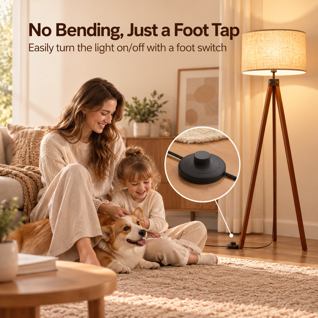 Wooden tripod floor lamp foot-switch infographic with circular close-up of black floor switch as woman, child, and corgi sit nearby on rug by HavvakHome.