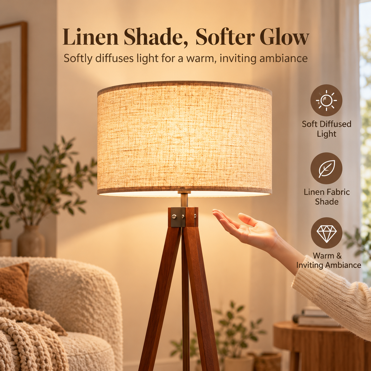 Close-up infographic of warm glowing beige drum lampshade on wooden tripod floor lamp with hand beneath shade and fabric and light icons by HavvakHome.