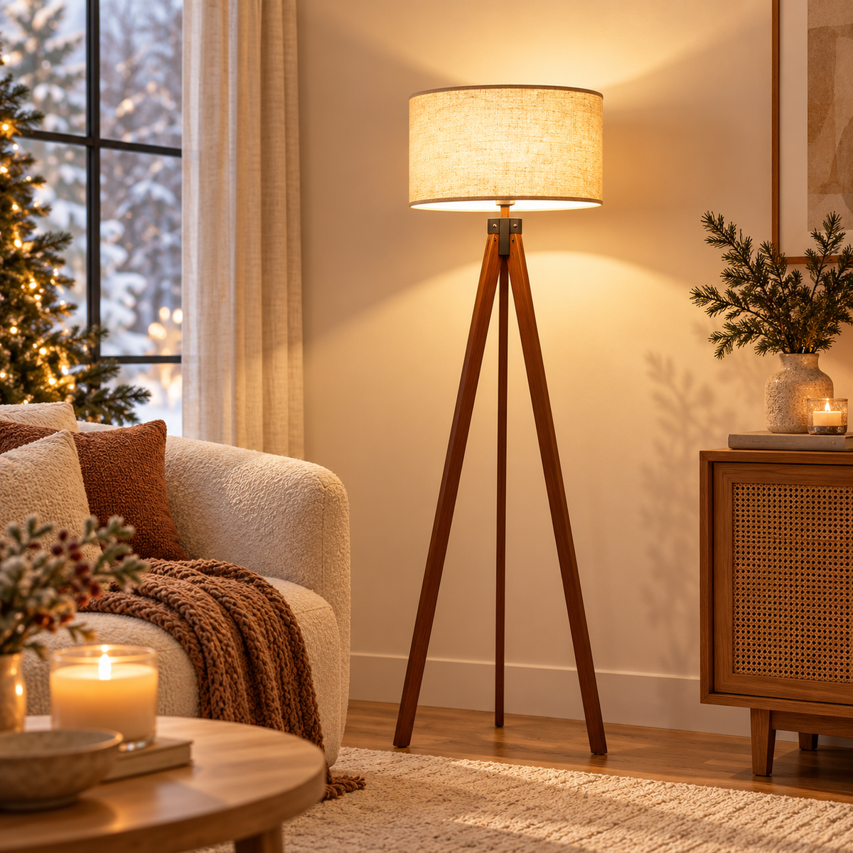 Wooden tripod floor lamp with warm illuminated beige drum shade beside cream sofa and wood cabinet with a Christmas tree by the window by HavvakHome.