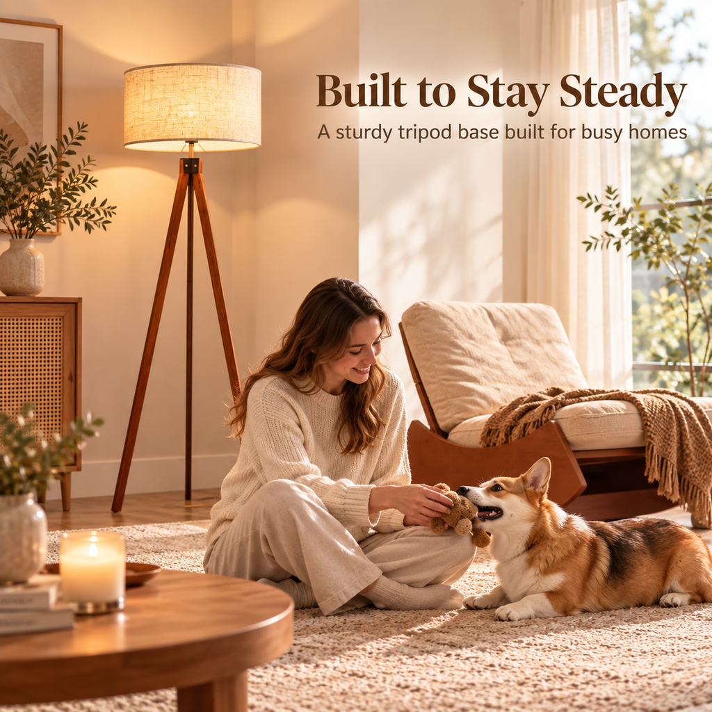 Wooden tripod floor lamp glowing behind a woman playing with a corgi on a living room rug with Built to Stay Steady heading by HavvakHome.