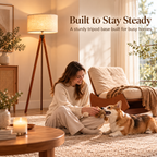 Wooden tripod floor lamp glowing behind a woman playing with a corgi on a living room rug with Built to Stay Steady heading by HavvakHome.