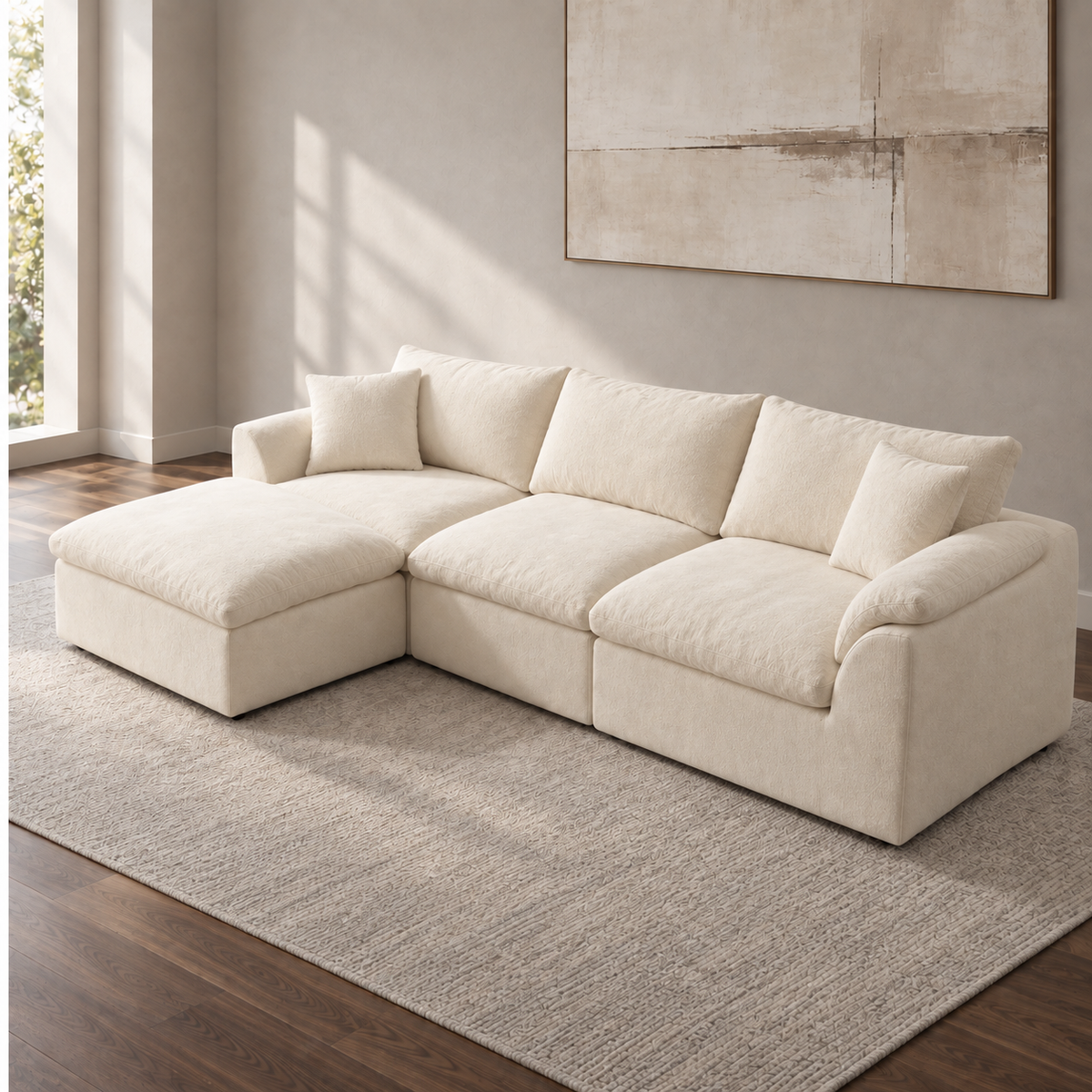 Minimalist living room decor featuring a neutral fabric modular cloud sofa from HavvakHome.