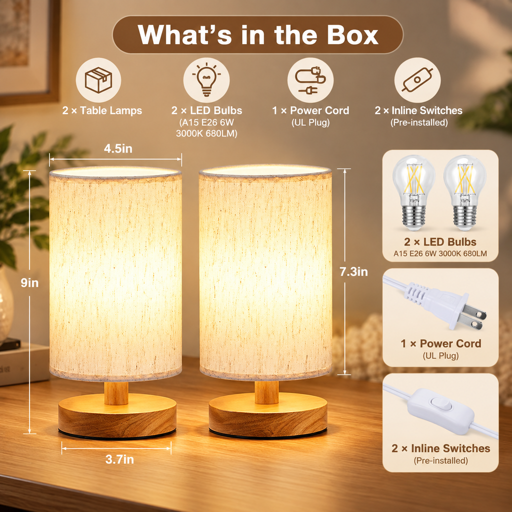 Dimensions and box contents infographic showing two small minimalist table lamps with dimension arrows, included bulbs, plugs, and inline cord switches by HavvakHome.