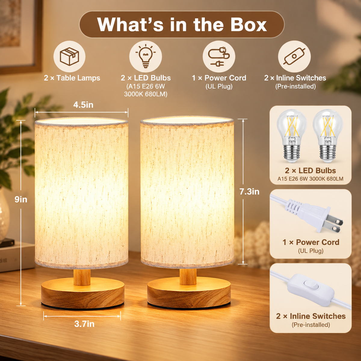 Dimensions and box contents infographic showing two small minimalist table lamps with dimension arrows, included bulbs, plugs, and inline cord switches by HavvakHome.