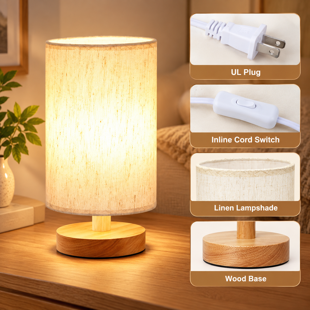 Feature infographic of minimalist small table lamp showing the lamp alongside close-up views of the plug, inline cord switch, fabric lampshade, and round wood base by HavvakHome.