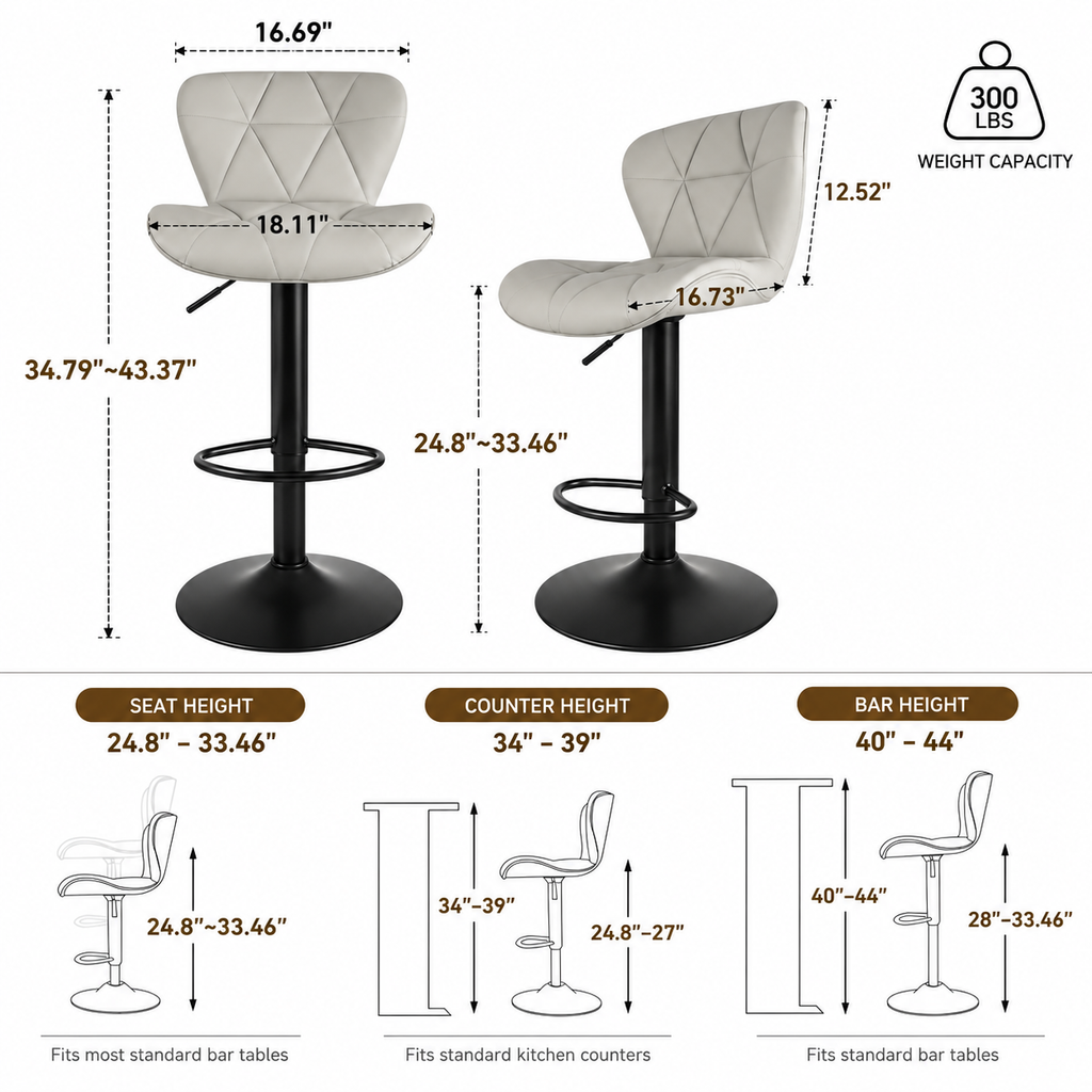 White background dimensions chart showing front and side views, inch arrows, seat height range, and height diagrams for HavvakHome beige bar stool with black pedestal base.