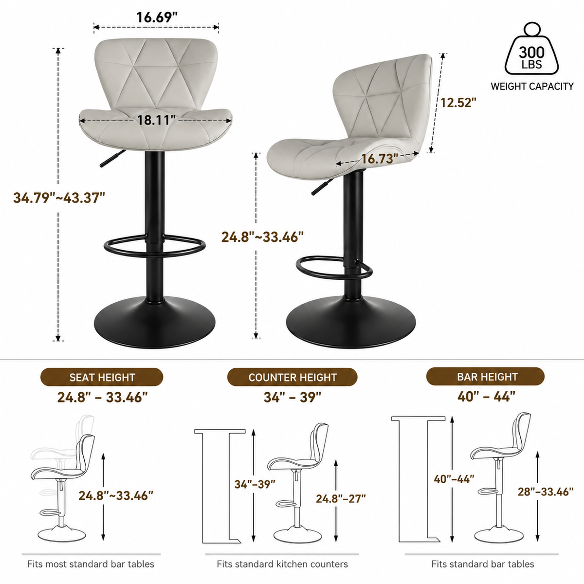White background dimensions chart showing front and side views, inch arrows, seat height range, and height diagrams for HavvakHome beige bar stool with black pedestal base.