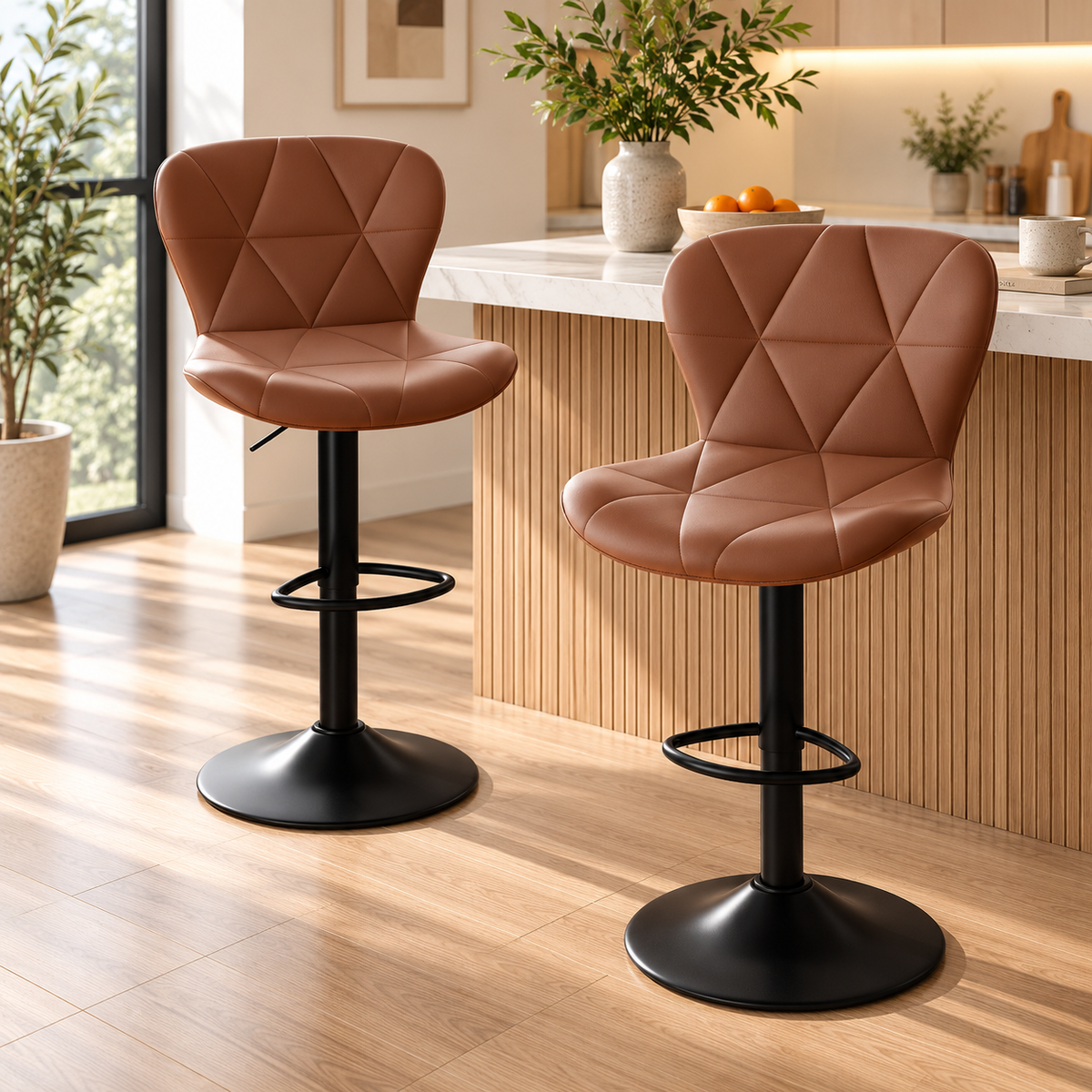 Two brown quilted bar stools with black pedestal bases and footrests styled beside a wood slatted kitchen island by HavvakHome.