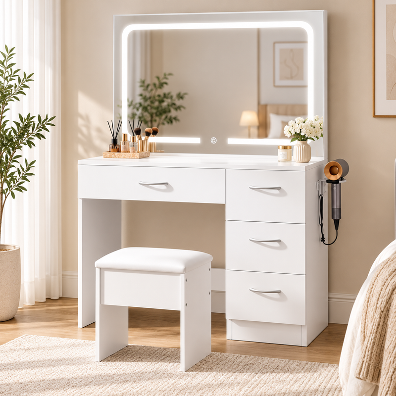 HavvakHome white vanity desk with illuminated rectangular LED-framed mirror, drawers, and matching padded stool set beside a window in a bedroom with cosmetics and a flower vase on the desktop.