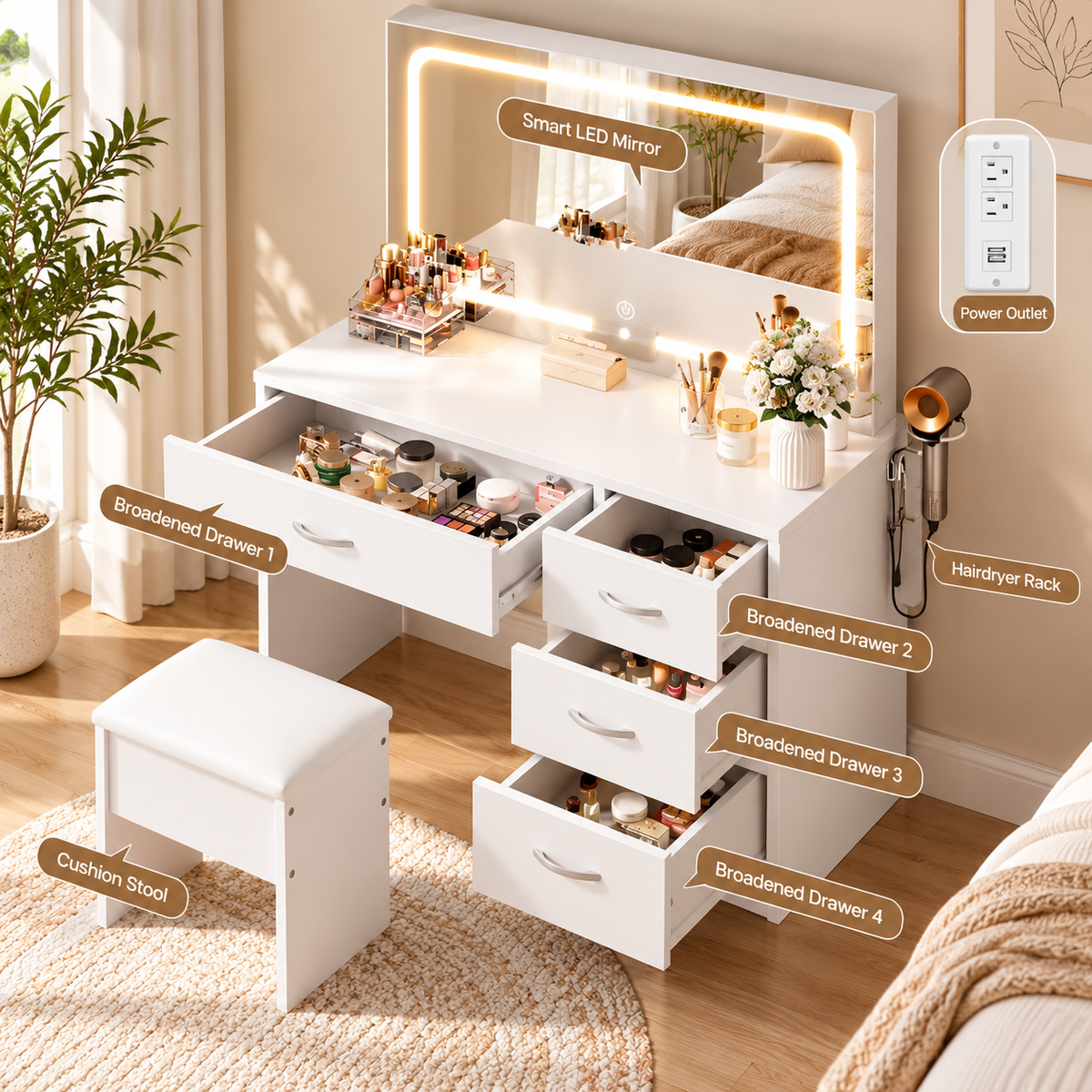 HavvakHome modern makeup vanity desk set with an illuminated LED mirror, four broadened drawers, a matching cushion stool, and styled cosmetics on top, shown in a bright bedroom setting with overlaid callout labels.