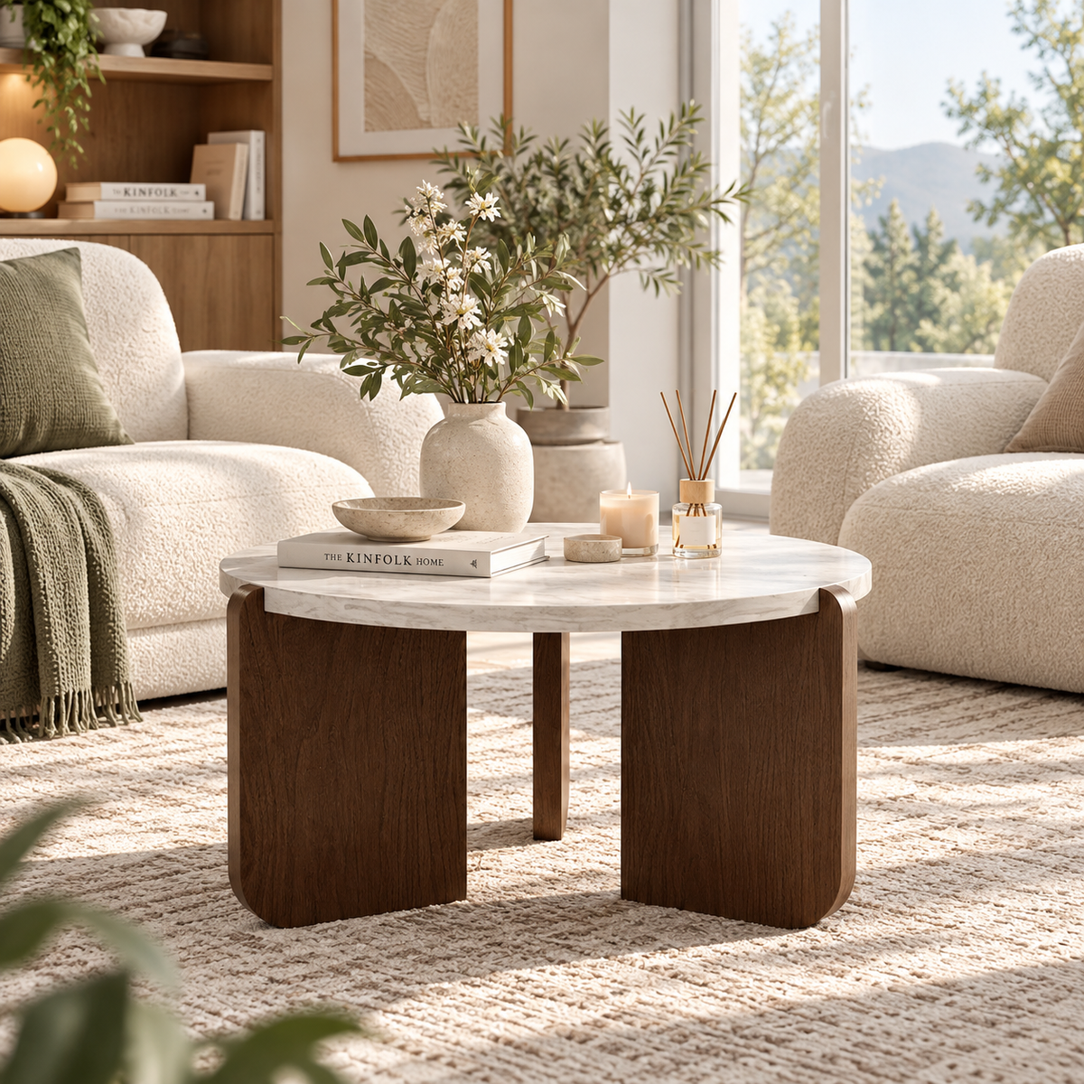 White faux-marble round coffee table with brown panel legs positioned between two cream armchairs, decorated with flowers, candle, and reed diffuser by HavvakHome.
