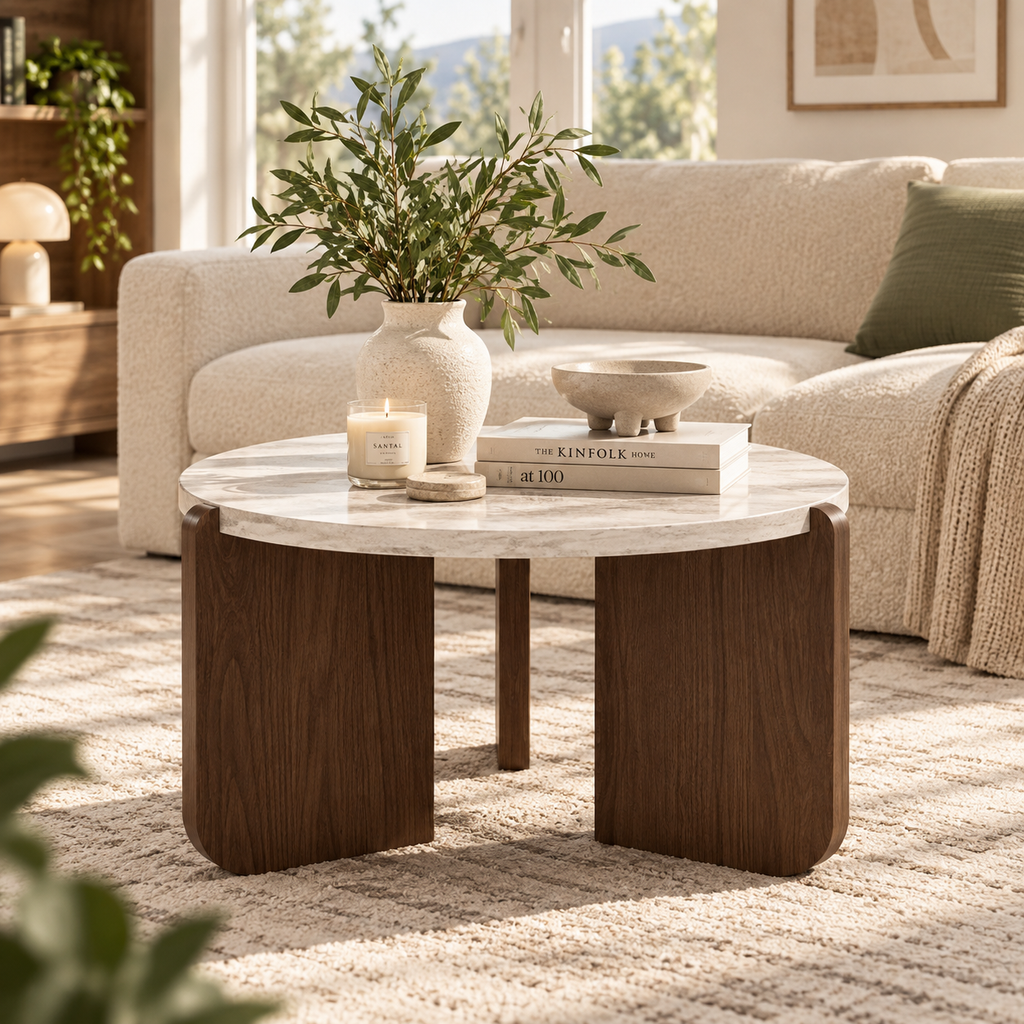 Round white faux-marble coffee table with brown panel legs holding a leafy vase, lit candle, bowl, and books in front of a cream sofa by HavvakHome.