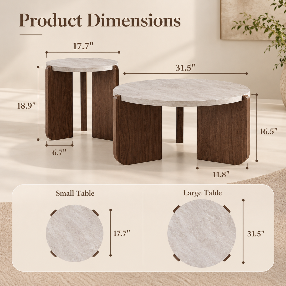 Dimension comparison chart of small and large faux-marble round tables with brown panel legs showing top views and measurement details by HavvakHome.