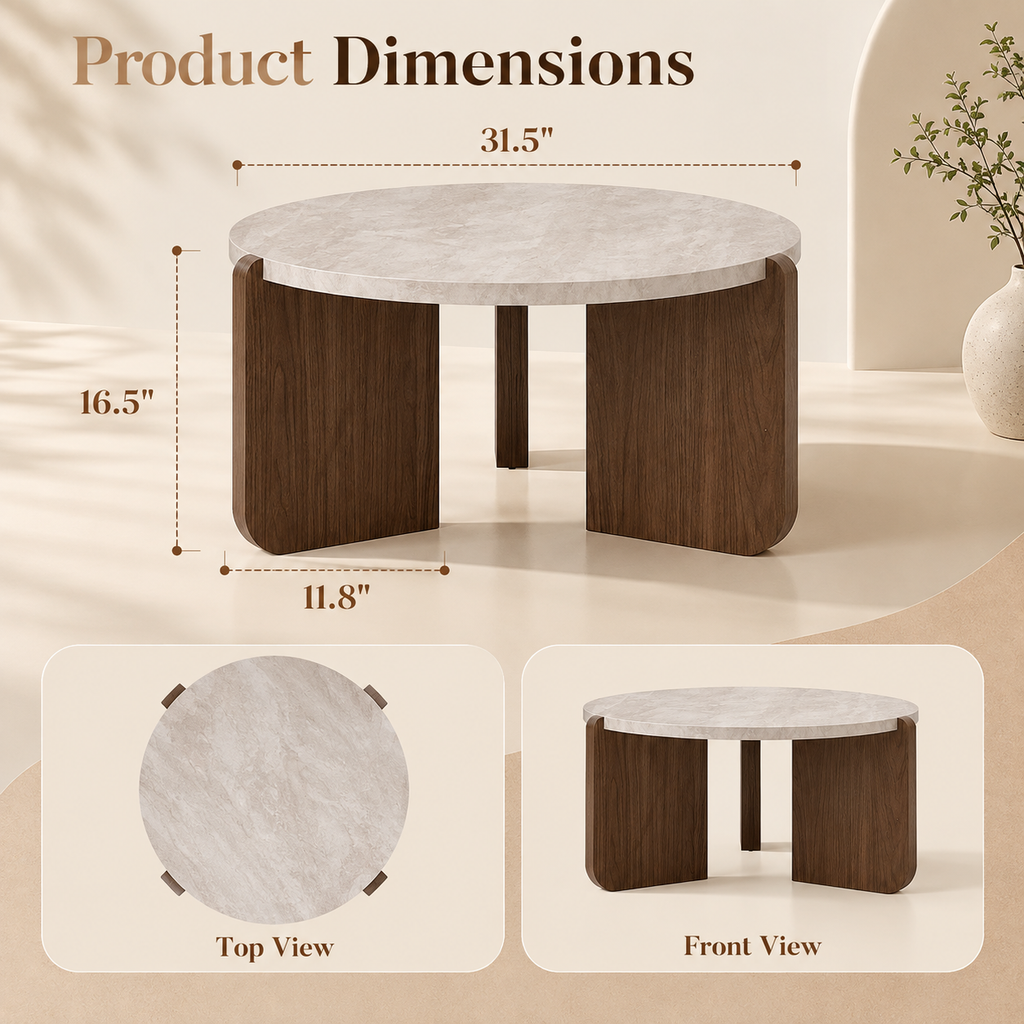 Dimension diagram of white faux-marble round coffee table with brown panel legs showing top and front views labeled 31.5 inch width and 16.5 inch height by HavvakHome.