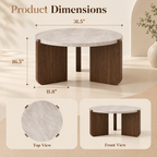Dimension diagram of white faux-marble round coffee table with brown panel legs showing top and front views labeled 31.5 inch width and 16.5 inch height by HavvakHome.