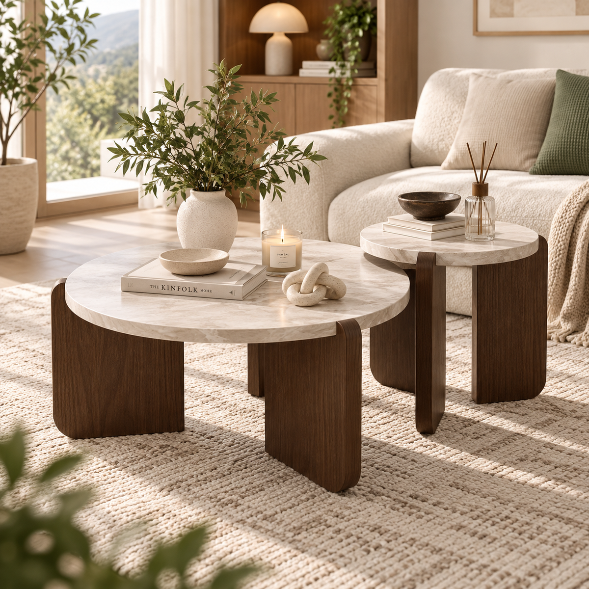 Large round white faux-marble coffee table with brown panel legs shown alongside a smaller matching table styled with a vase and books beside a cream sofa by HavvakHome.