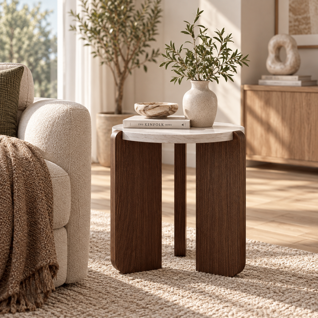 Small matching round faux-marble end table with tall brown panel legs beside a cream armchair holding a leafy vase, bowl, and books by HavvakHome.
