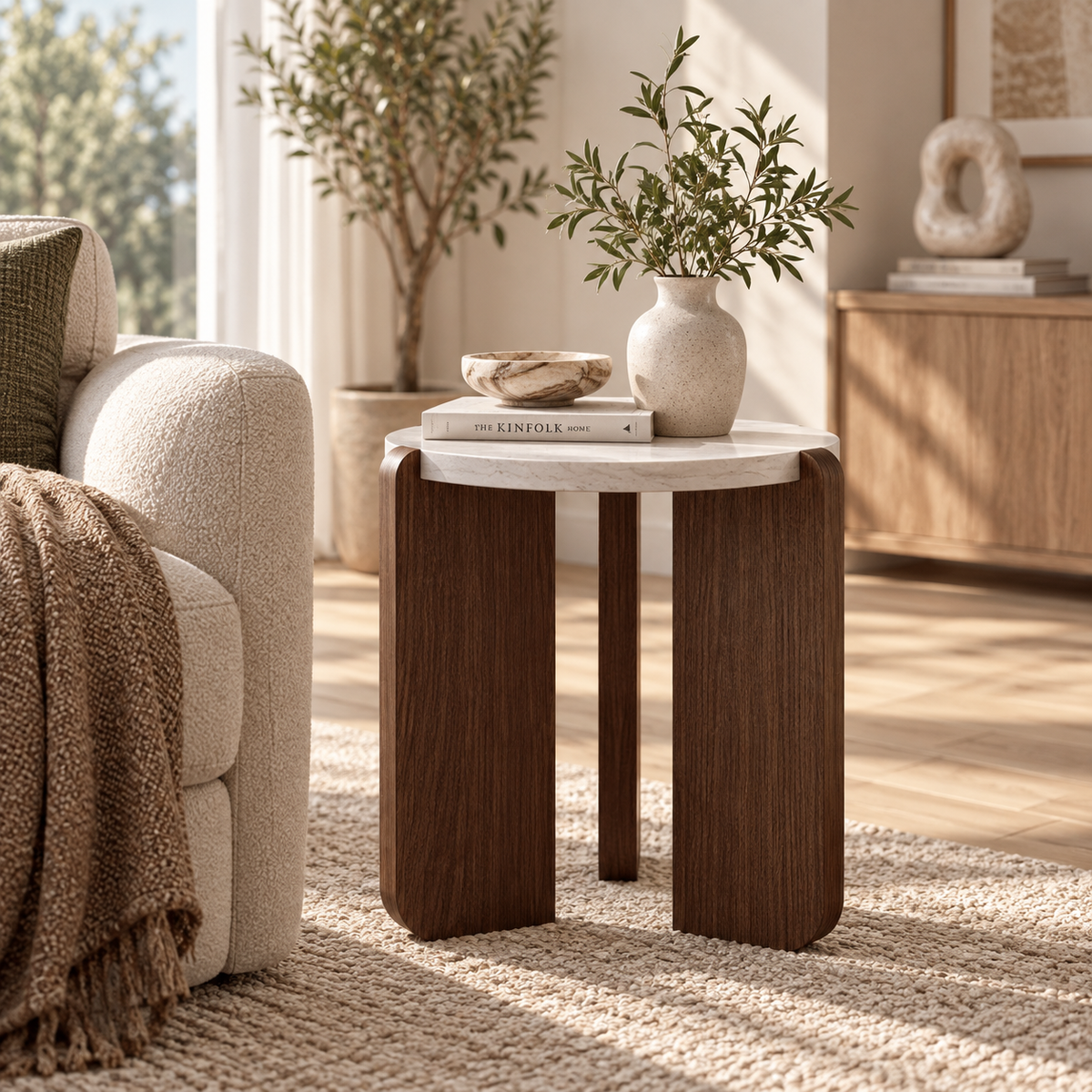 Small matching round faux-marble end table with tall brown panel legs beside a cream armchair holding a leafy vase, bowl, and books by HavvakHome.