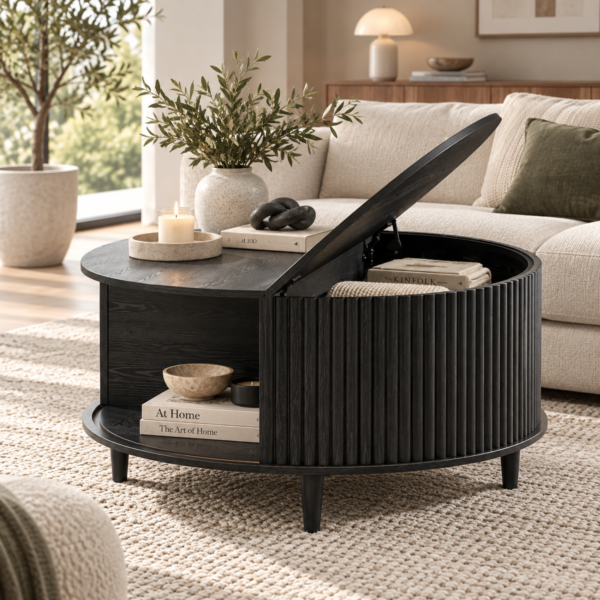 Black round fluted coffee table with half lid lifted revealing books and a blanket, featuring an open side shelf beside a cream sofa by HavvakHome.