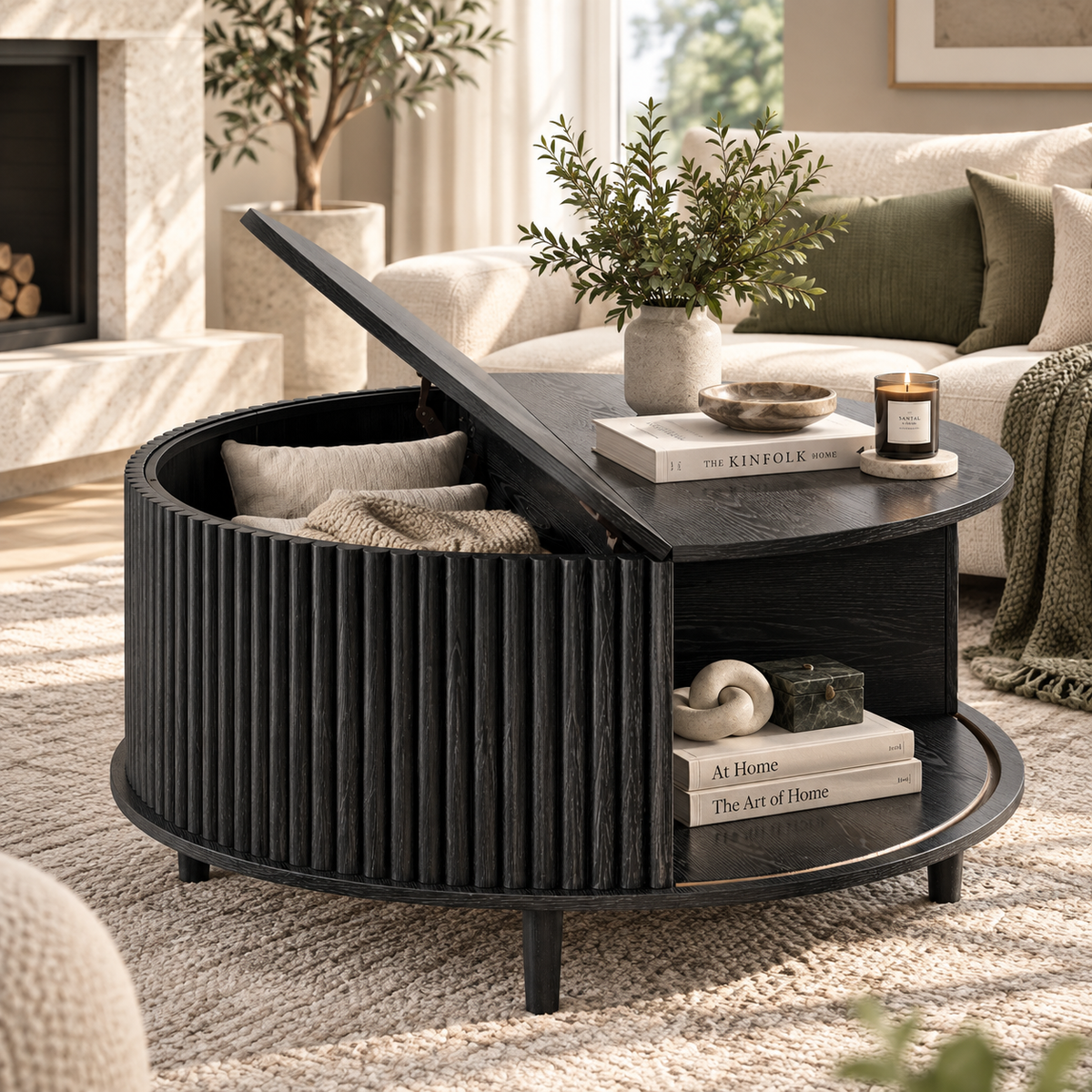 Black round storage coffee table from an opposite angle with raised half lid showing cushions and a blanket inside and a decorated side shelf by HavvakHome.