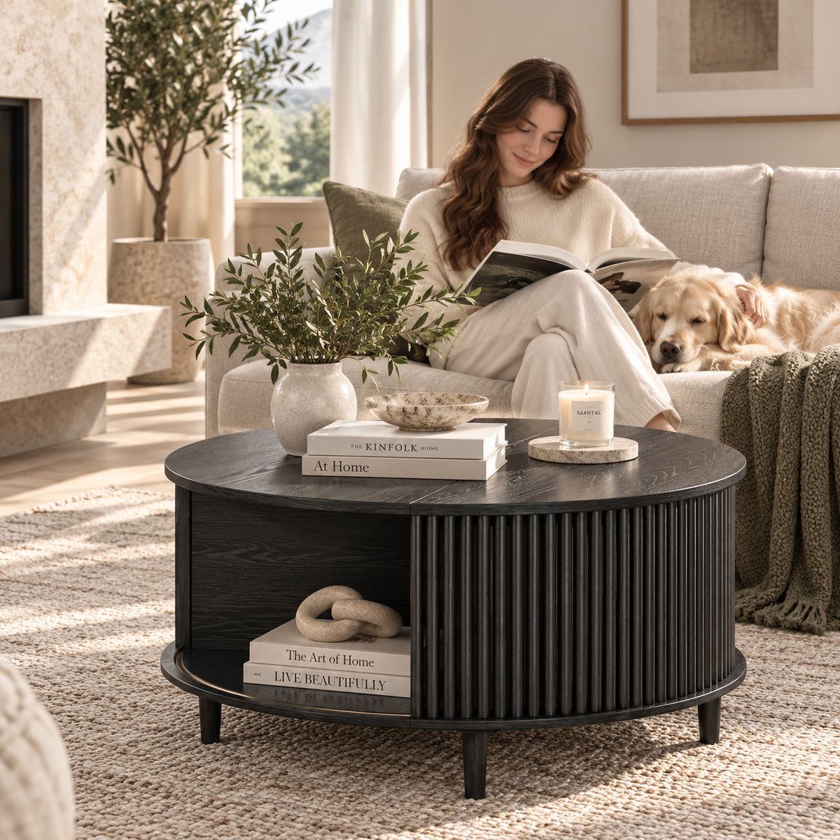 Black round fluted coffee table styled with books and a vase while a woman reads beside a golden retriever on a cream sofa by HavvakHome.