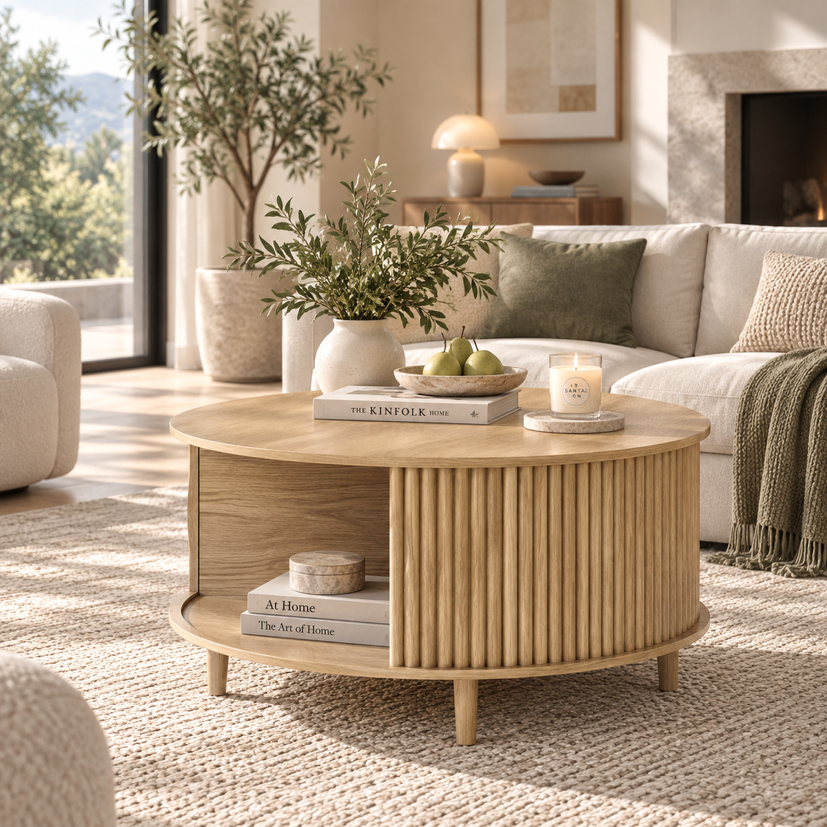 Natural light wood round fluted coffee table with open shelf holding a leafy vase, pears, and candle in front of a sofa and fireplace by HavvakHome.