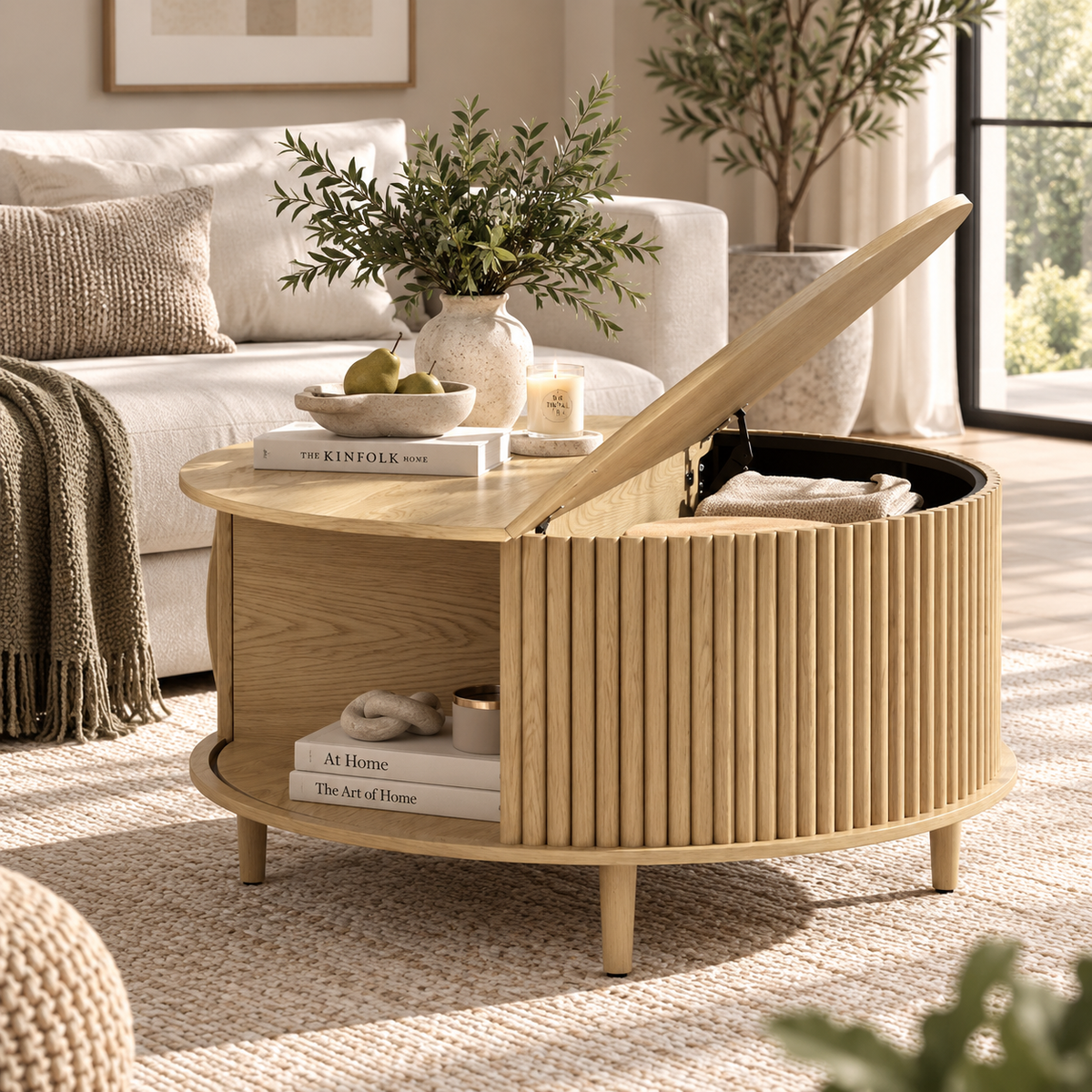 Natural light wood round fluted coffee table with half lid lifted showing folded textiles inside and an open side shelf beside a white sofa by HavvakHome.
