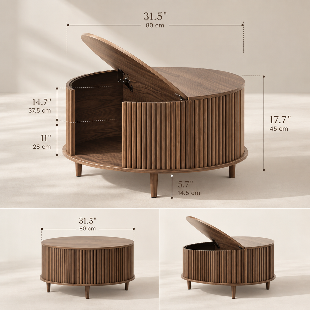 Walnut round storage coffee table dimension diagram with half lid open and closed views labeled 31.5 inch width and 17.7 inch height by HavvakHome.