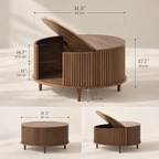 Walnut round storage coffee table dimension diagram with half lid open and closed views labeled 31.5 inch width and 17.7 inch height by HavvakHome.