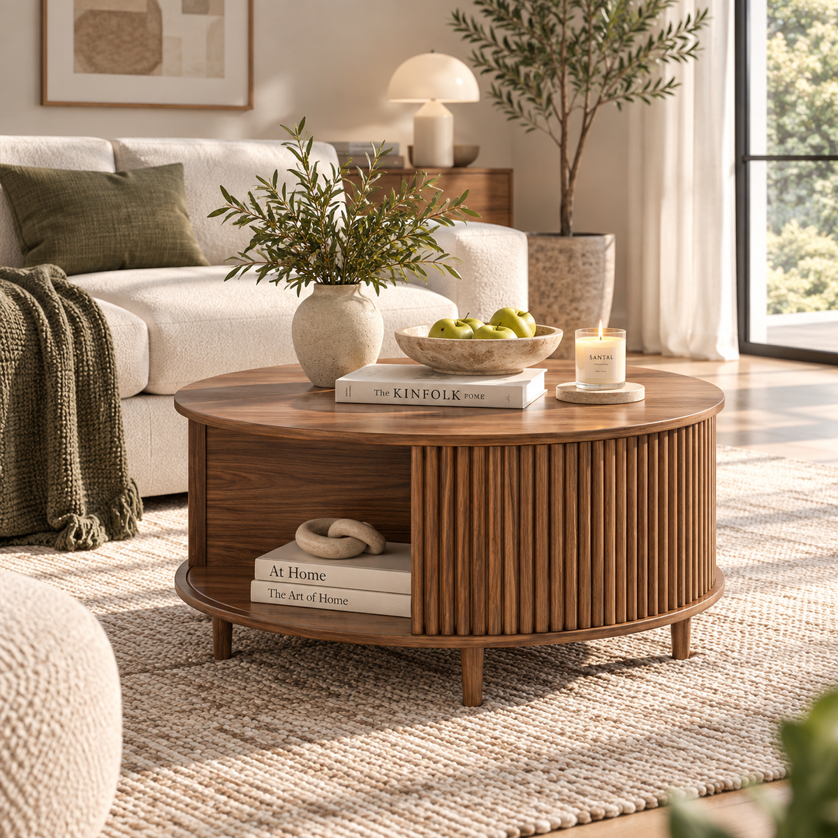 Walnut round fluted coffee table with open shelf, knot ornament, leafy vase, fruit bowl, and candle beside a cream sofa by HavvakHome.