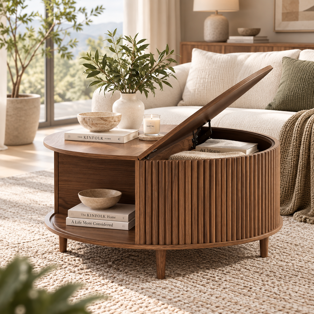 Walnut-tone round storage coffee table with half lid open showing books and textiles inside and a bowl on the open side shelf beside a sofa by HavvakHome.