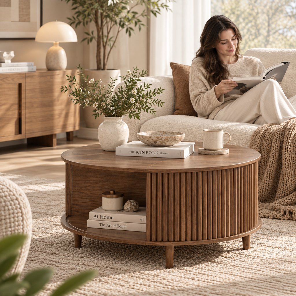 Walnut round fluted coffee table with open shelf holding a vase, books, bowl, and mug with a woman reading on a cream sofa behind it by HavvakHome.