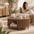 Walnut round fluted coffee table with open shelf holding a vase, books, bowl, and mug with a woman reading on a cream sofa behind it by HavvakHome.