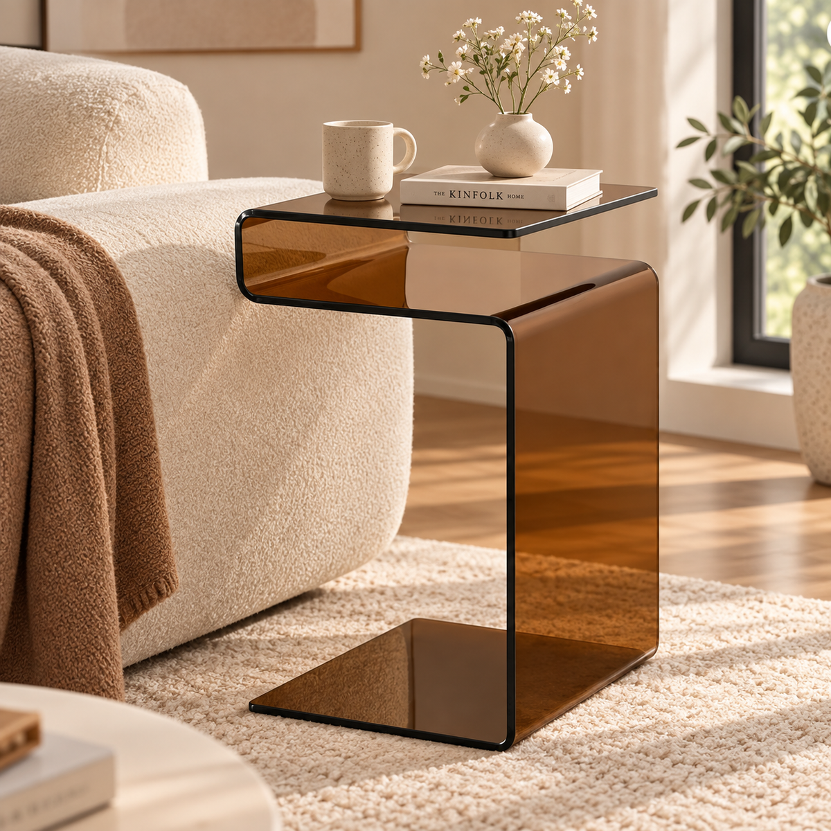 Side angle view of an amber S-shaped glass side table beside a cream sofa with a mug, flower vase, and book on top by HavvakHome.