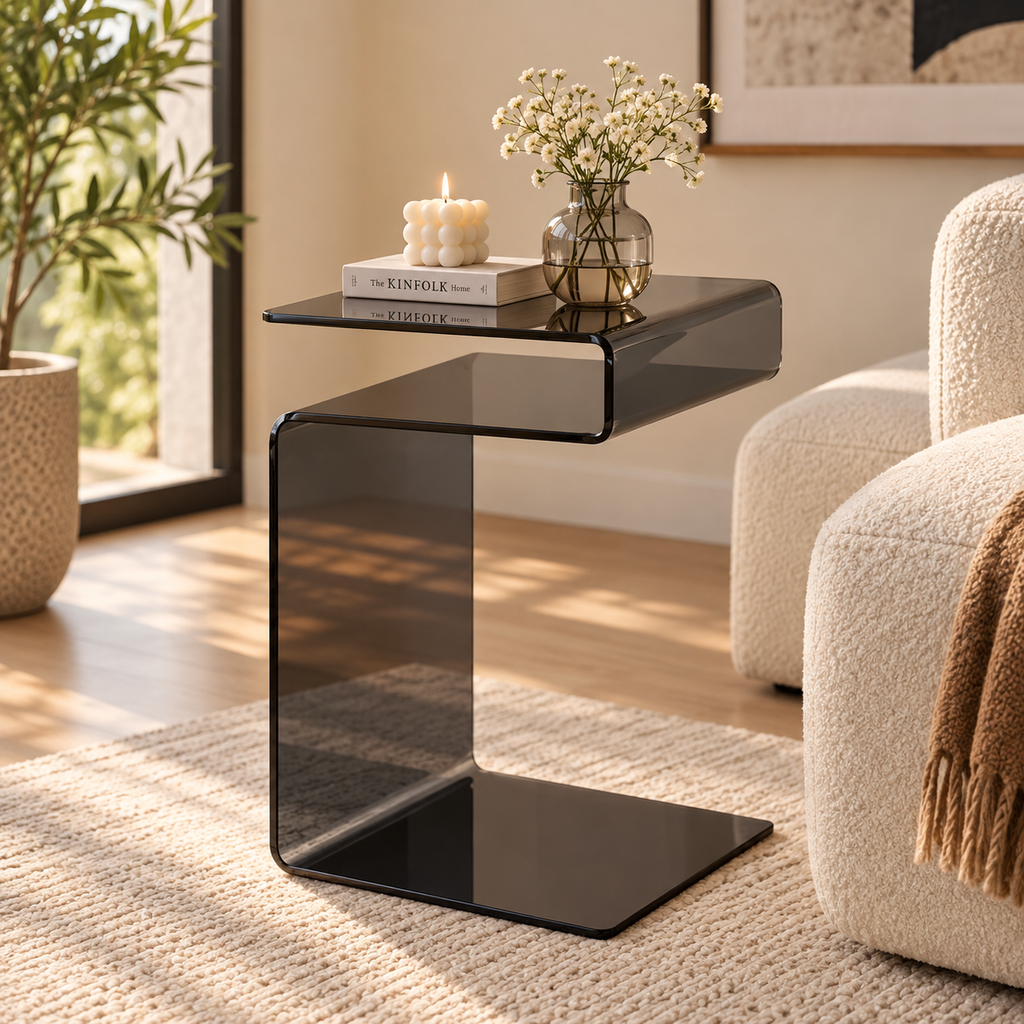 Smoke gray S-shaped glass side table beside a cream armchair with a book, sculptural candle, and glass flower vase by HavvakHome.