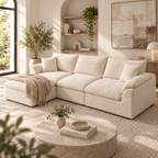 Cream modular sectional sofa with left chaise, beige throw, and pillows in a sunny living room.