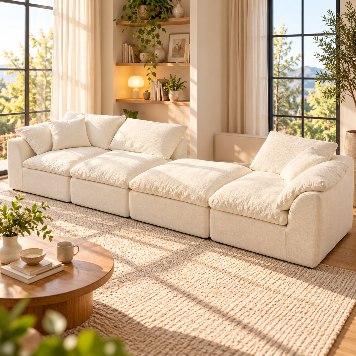 Cream modular sofa arranged in a long row with a central ottoman module, beside large windows and a round wooden coffee table.