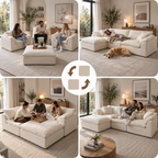 Four-scene collage of cream modular sofa rearrangements showing separate seats, a woman resting with a dog, friends playing chess, and a couple sitting.