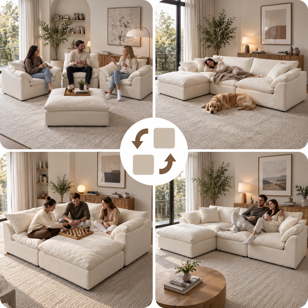 Four-scene collage of cream modular sofa rearrangements showing separate seats, a woman resting with a dog, friends playing chess, and a couple sitting.