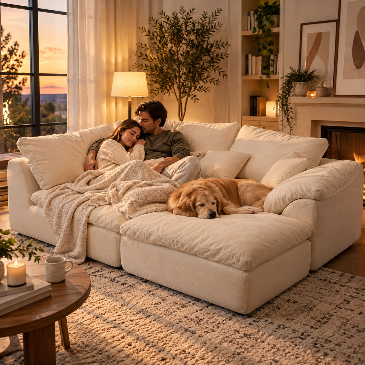 Couple relaxing under a beige throw on a cream sectional sofa with a golden retriever on the right chaise beside a fireplace at sunset.