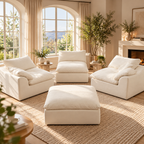 Cream modular sofa separated into three individual seats and an ottoman around a fireplace and arched windows.