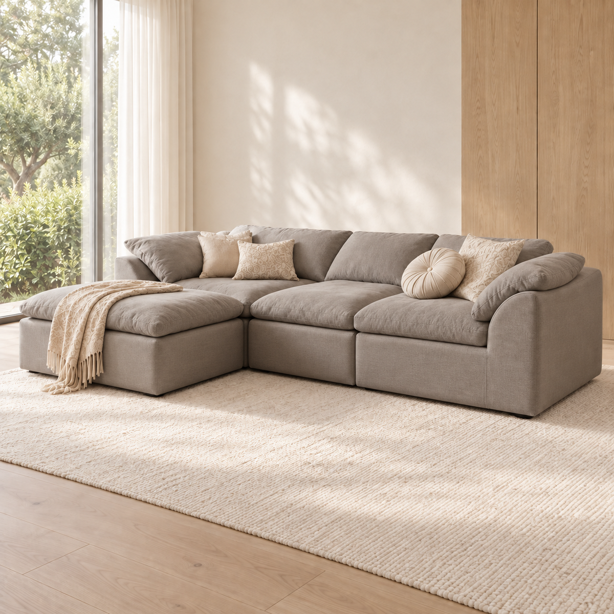 Gray modular sectional sofa with left chaise, beige throw, and round cream pillow on a neutral rug.