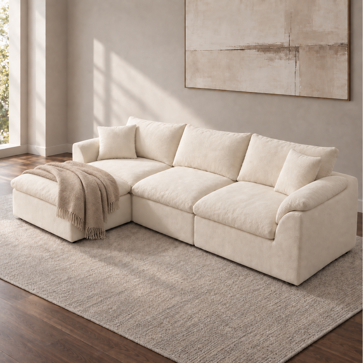 HavvakHome modular sectional cloud sofa in a modern cream fabric living room setup.