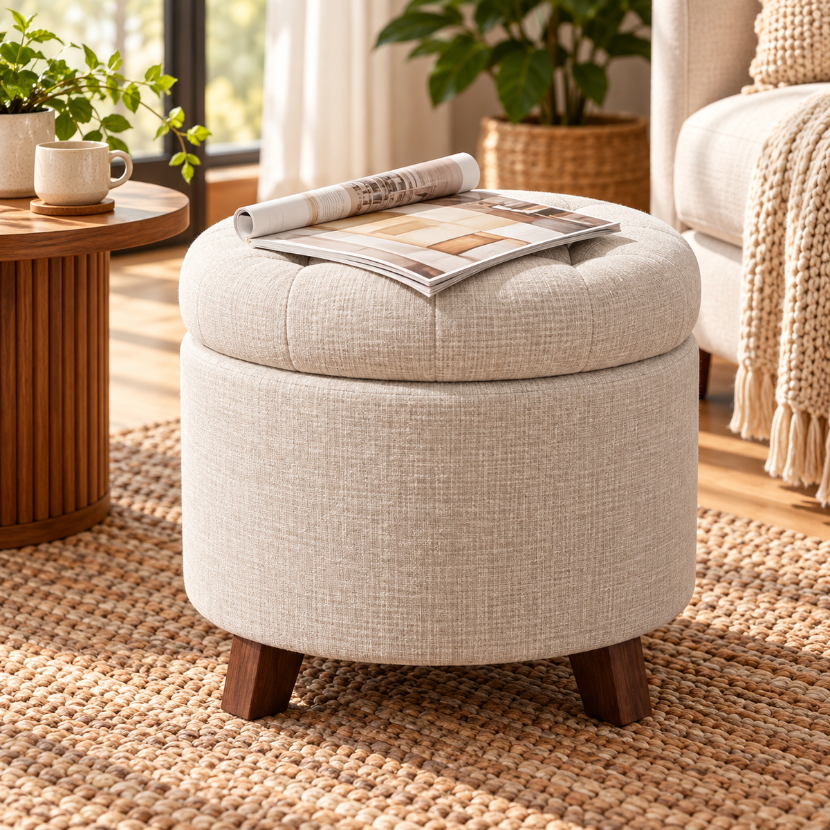 A round upholstered ottoman stool with a tufted cushion top and dark wooden legs, shown in a bright living room setting on a woven rug with a magazine resting on top.