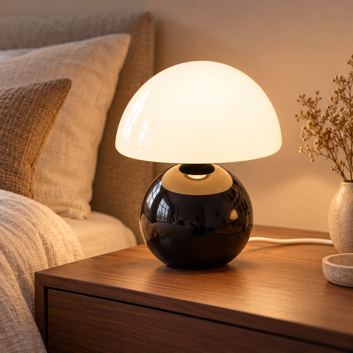 Black ceramic mushroom lamp with a glossy rounded base and a white glass dome shade on wooden bedside furniture in a softly lit bedroom.