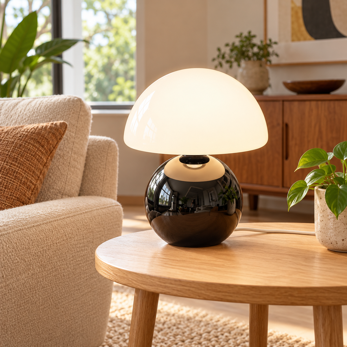 Black ceramic mushroom lamp with a glossy rounded base and a white glass dome shade on wooden furniture in a naturally lit living room.